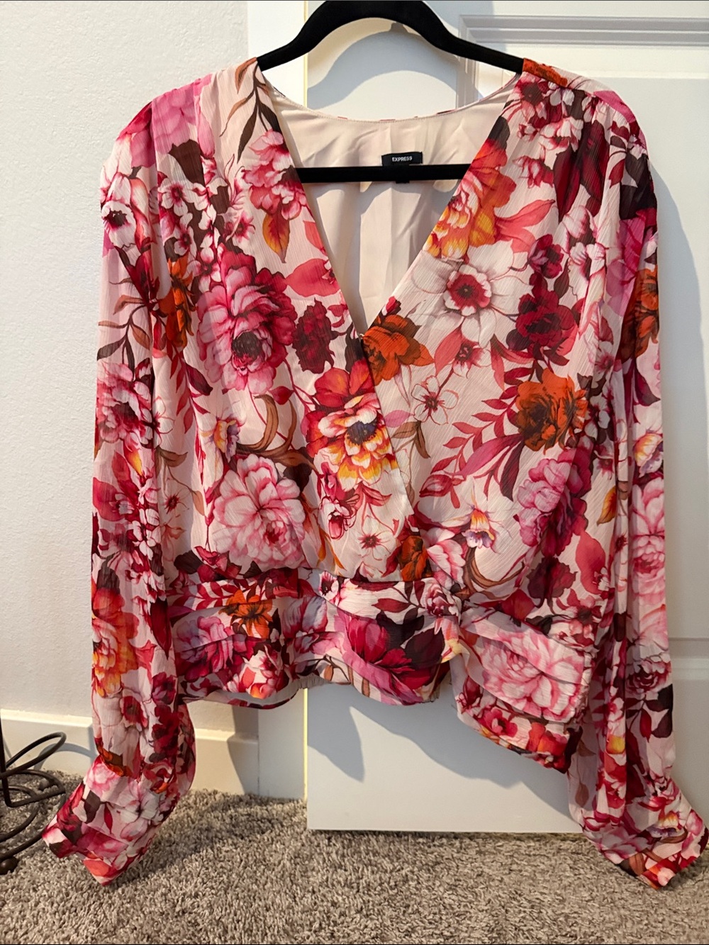 Express Floral Wrap Blouse in Pink and Red